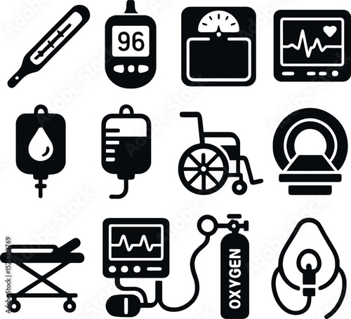 medical equipment icons including ECG, thermometer, oxygen tank, stretcher, wheelchair, IV bag, and MRI machine in solid black vector style.