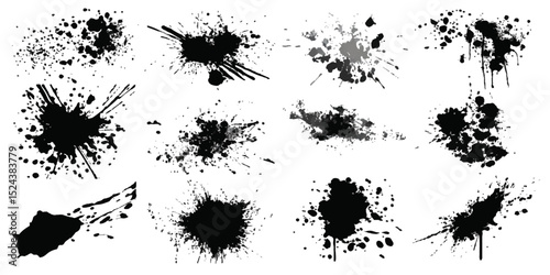 Black ink splatters on a white background. Suitable for graphic design projects or as a background for text or images. Set of black blots, isolated on white background