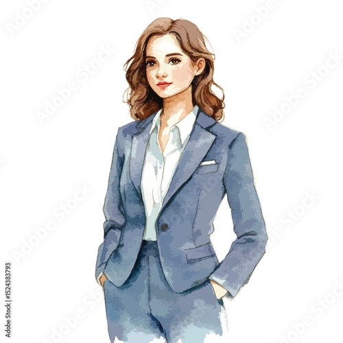 Watercolor Portrait of a Confident Woman in a Stylish Blue Suit