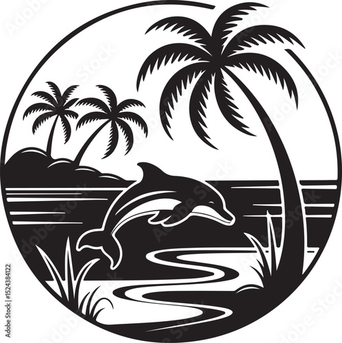 Tropical Beach Scene with Jumping Dolphin Silhouette | Vector Silhouette of Dolphin Leaping Near Tropical Island with Palm Trees