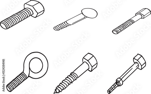 Silhouette Set of Bolts, Screws on White Background