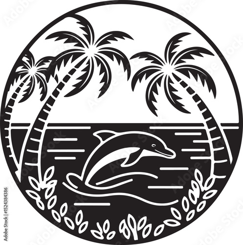 Tropical Beach Scene with Jumping Dolphin Silhouette | Vector Silhouette of Dolphin Leaping Near Tropical Island with Palm Trees