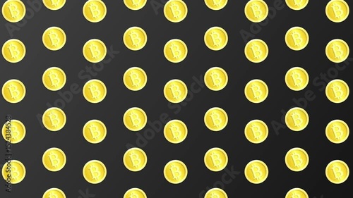 On a gray background, gold coins with the Bitcoin sign are moving. Abstract background with cryptocurrency.