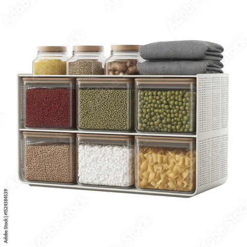 Organized kitchen pantry storage with glass containers and neatly folded towels for a clean and efficient food storage solution in modern decor