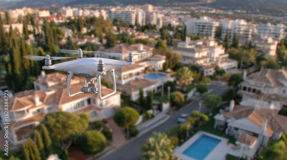 Naklejka premium Drone Flying Over Upscale Neighborhood, Showcasing Real Estate and Technological Innovation in Aerial Photography : Generative AI
