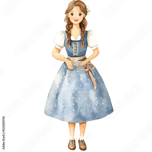 Watercolor Portrait of a Girl in a Blue Dirndl Dress
