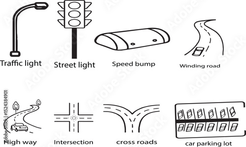 Road and  Traffic Signal  Isolated on White Background