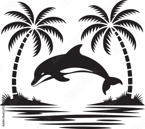 Tropical Beach Scene with Jumping Dolphin Silhouette | Vector Silhouette of Dolphin Leaping Near Tropical Island with Palm Trees