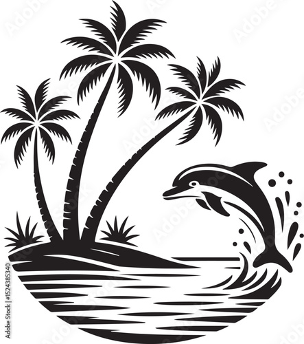Tropical Beach Scene with Jumping Dolphin Silhouette | Vector Silhouette of Dolphin Leaping Near Tropical Island with Palm Trees