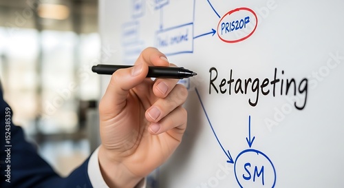 Marketing professional planning digital retargeting strategy on a whiteboard diagram
