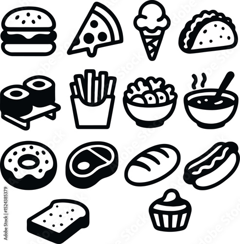 food icon collection including hamburger, taco, soup, bread, steak, donut, cupcake, and fries in fun cartoon style for menu and cooking visuals.