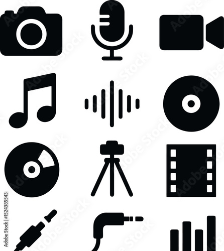 music and recording icon set featuring camera, microphone, CD, music note, tripod, cable, and waveform in solid black style for media design.