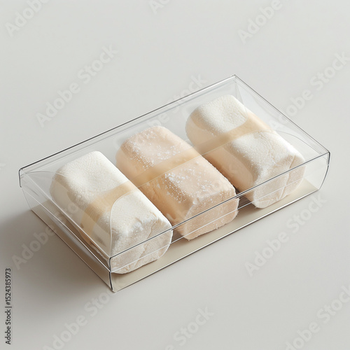 transparent marshmallow box with bakery, includes four mini marshmallow , product mockup on white background