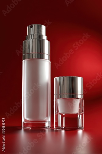 Elegant Skincare Products on Red Background, Showcasing Beauty and Luxury in Advertising and Promotion, Perfect for Cosmetics Branding and Marketing Campaigns : Generative AI