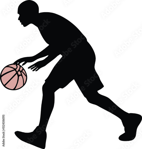 Vector of a basketball player in an athletic forward movement while dribbling. Designed in black silhouette style with a standout pink ball accent.