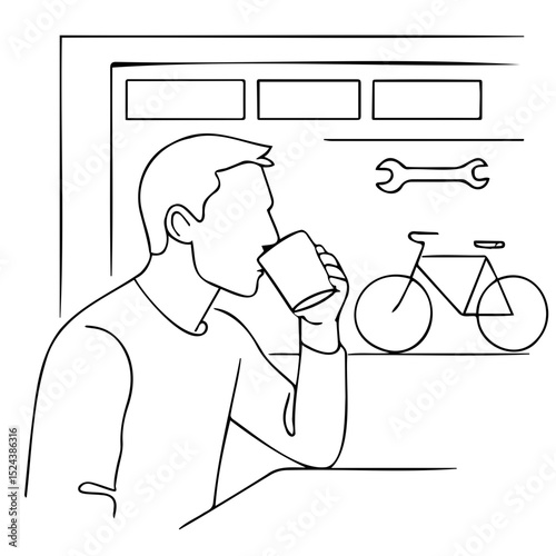 Man sipping coffee while sitting in garage with bicycle backdrop  