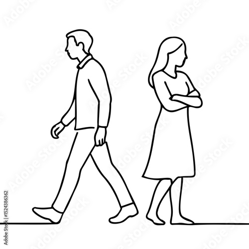 Man walking away from woman with crossed arms in line art style  
