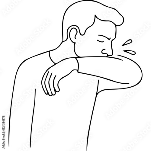 Man sneezing into elbow while looking down in minimalist illustration  