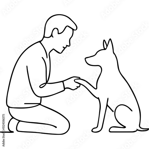 Man kneeling and shaking paws with dog in a friendly gesture  
