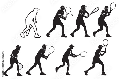 set of silhouettes of male athletes or table tennis players. isolated on white background. graphic vector illustration.