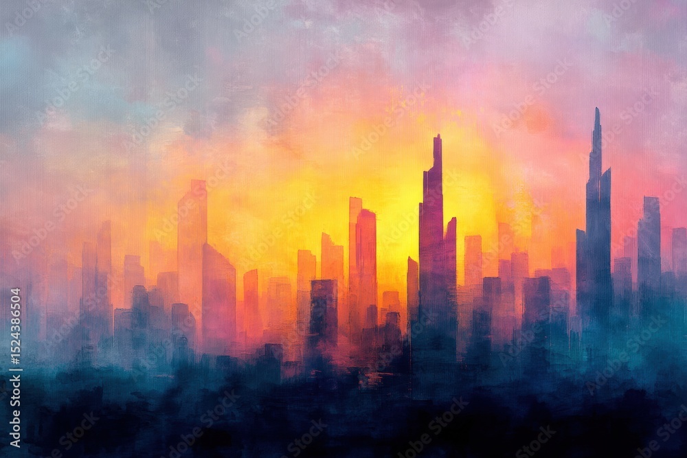 Fototapeta premium Colorful skyline backdrop at sunset with tall buildings silhouetted against vibrant hues of orange and purple