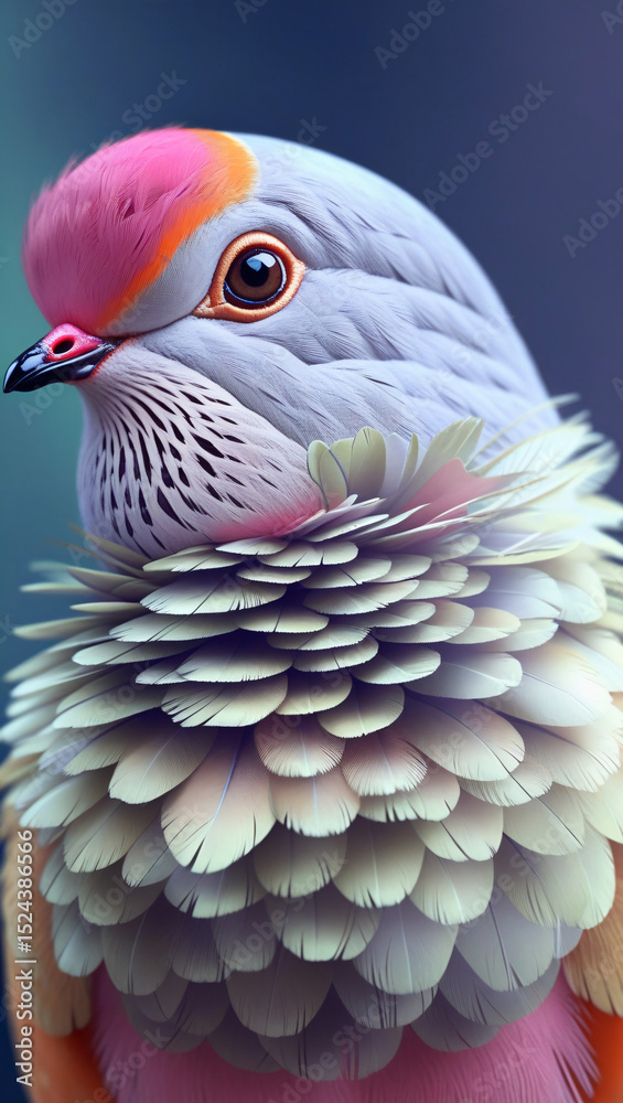 Obraz premium A colorful bird with intricate feather patterns, featuring pink, gray, and beige hues, and a distinctive layered feather collar around its neck.