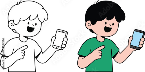 Cartoon Boy Showing Smartphone in Two Versions