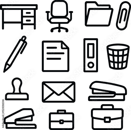 set of office icons including desk, chair, folders, stapler, briefcase, pen, trash bin, and envelope in clean black outline vector style.