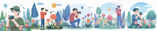 male character vector photographing flower garden