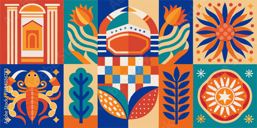 Colorful Mediterranean collage vector – crabs, lemons, postage stamp designs, and classic coastal motifs