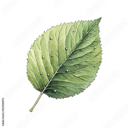 Watercolor Leaf with Serrated Edges and Delicate Water Droplets