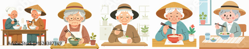 vector character grandma eating noodles at the table