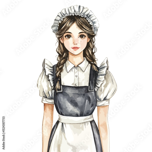 Watercolor Maid with Braids and Frilled Cap Frontal View