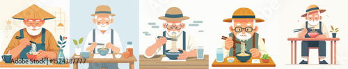 vector character grandfather eating noodles at the table