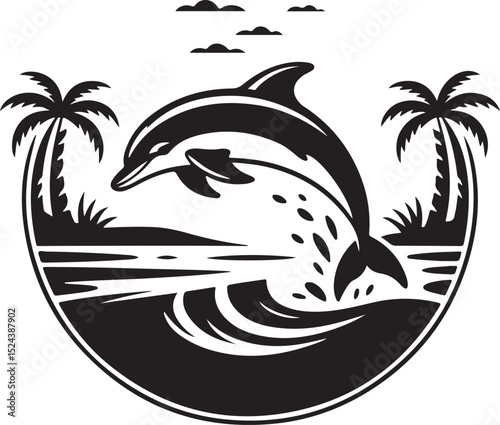 Tropical Beach Scene with Jumping Dolphin Silhouette | Vector Silhouette of Dolphin Leaping Near Tropical Island with Palm Trees