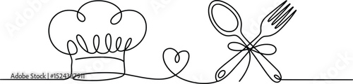 Chef Line Art Design, Hat, Heart, Spoon & Fork Continuous Drawing.