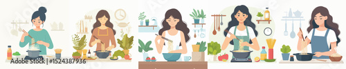 vector character woman making noodles