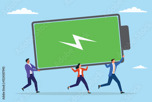 Vector illustration of business professionals carrying a huge fully charged battery, symbolizing the power of team energy, productivity, motivation and collective effort in achieving goal
