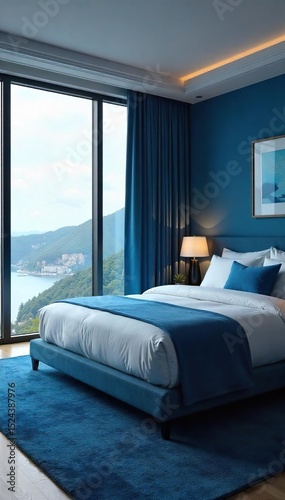 Serene blue-themed hotel room with comfortable bedding, expansive windows offering stunning views, and modern minimalist decor Perfect for a relaxing getaway , aesthetic, bed