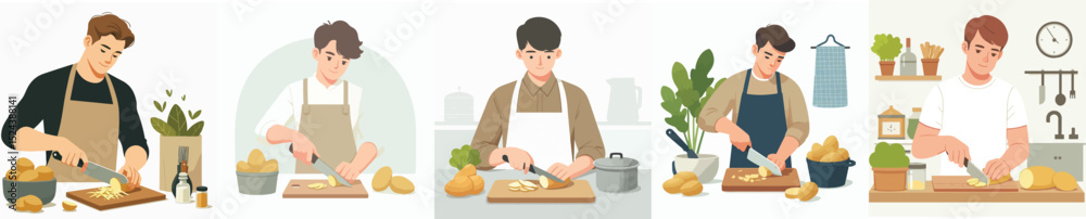 vector character man slicing potatoes vector character man slicing potatoes