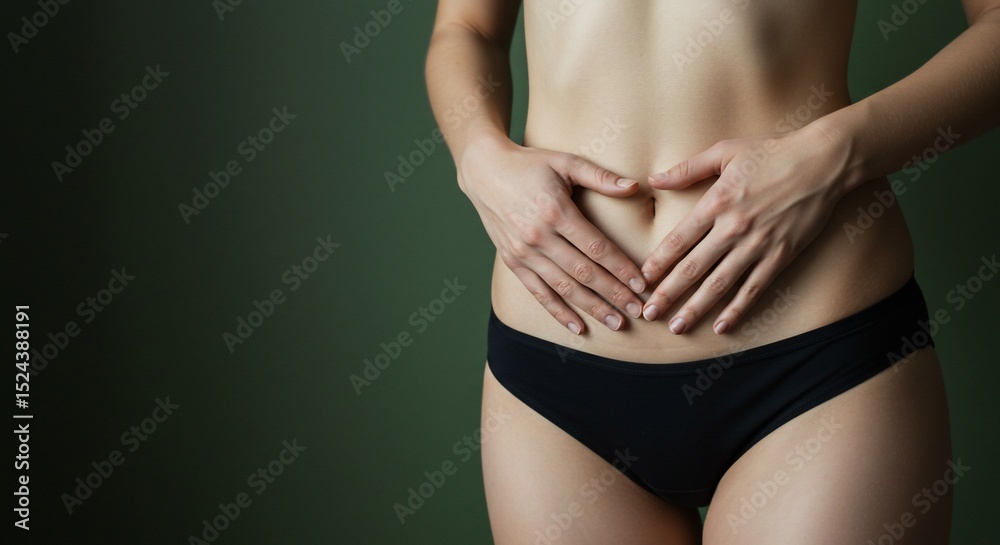 Naklejka premium Woman showing heart shape at stomach. Health, body care concept. Plain background