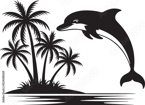 Tropical Beach Scene with Jumping Dolphin Silhouette | Vector Silhouette of Dolphin Leaping Near Tropical Island with Palm Trees