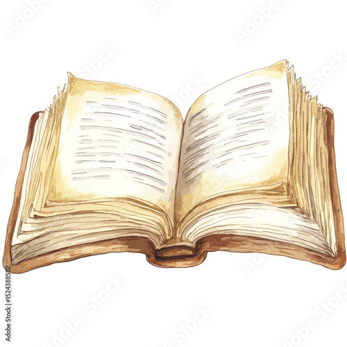 Watercolor Open Antique Book with Aged Pages and Text