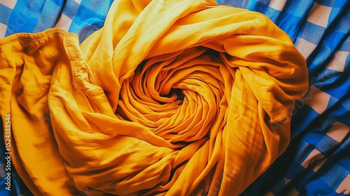 A yellow scarf is rolled up on a bed. The scarf is on top of a blue and white plaid blanket photo