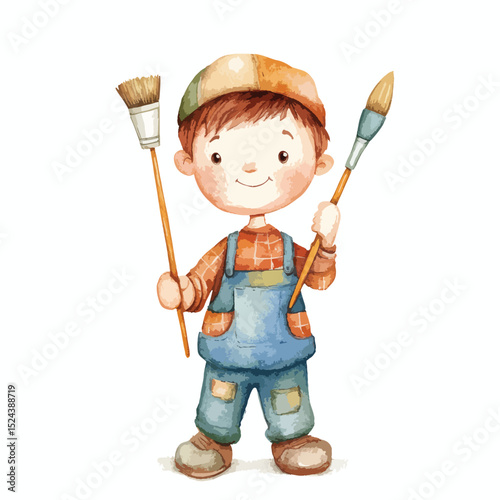 Watercolor Painter Boy with Brushes Wearing Overalls and a Patchwork Cap