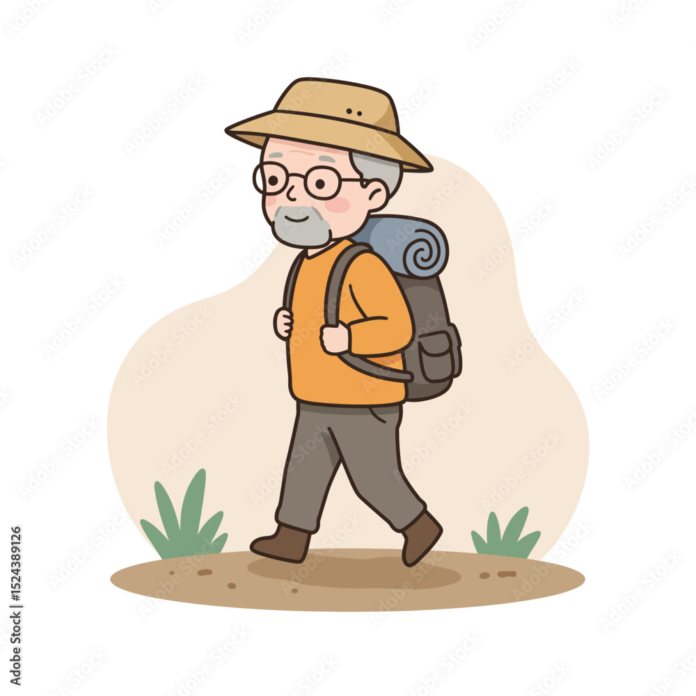 Elderly man hiking on a trail with a backpack and hat Elderly man hiking on a trail with a backpack and hat