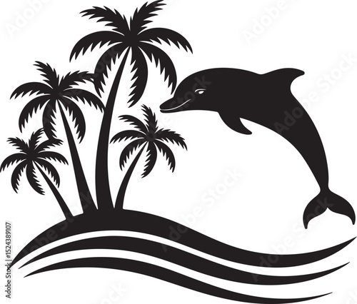 Tropical Beach Scene with Jumping Dolphin Silhouette | Vector Silhouette of Dolphin Leaping Near Tropical Island with Palm Trees