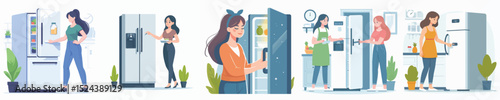 vector character woman opening refrigerator
