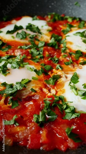 Vertical video of shakshuka simmering in a pan with fresh greens. Traditional Middle Eastern dish with eggs, tomato sauce, and herbs. Healthy breakfast.