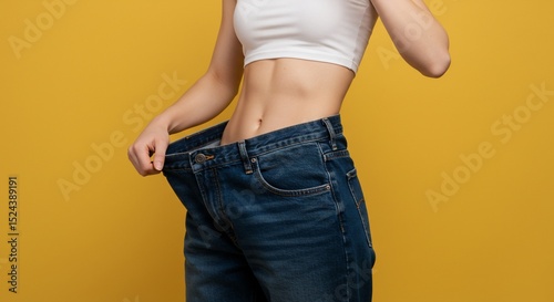 Wallpaper Mural Woman holds oversized jeans, losing weight, healthy lifestyle on yellow background Torontodigital.ca
